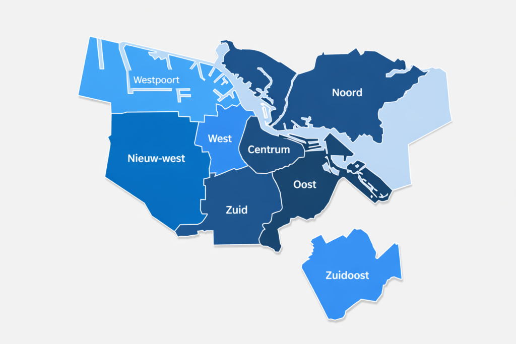 Kaart van Amsterdam met overzicht van stadsdelen zoals Centrum, Zuid en Nieuw-West voor VvE beheer in Amsterdam